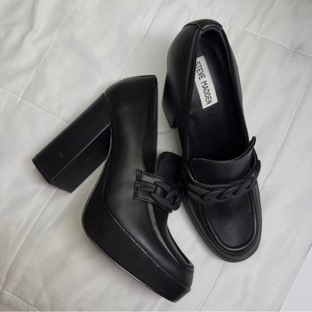 Platform Loafers Heeled Preppy Black Steve Madden Shoes Size 7.5